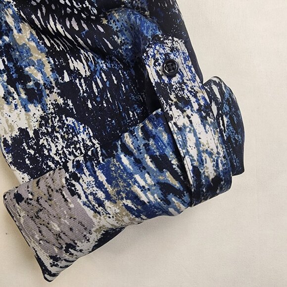 DressBarn Floral Button Up Womens Large L Blue White Pockets Stretch Wave Blouse - Picture 4 of 10